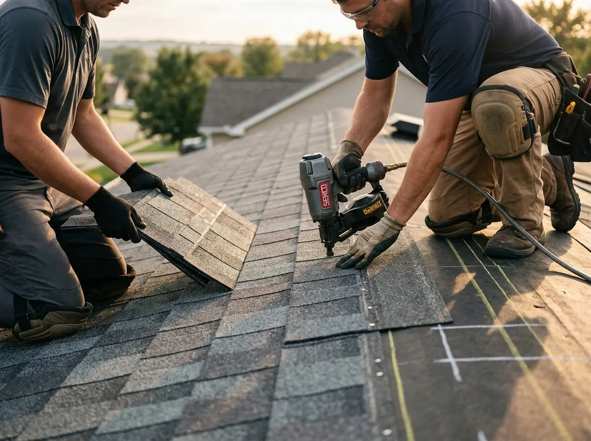 Professional roofer working on a residential roof in Weldon Spring